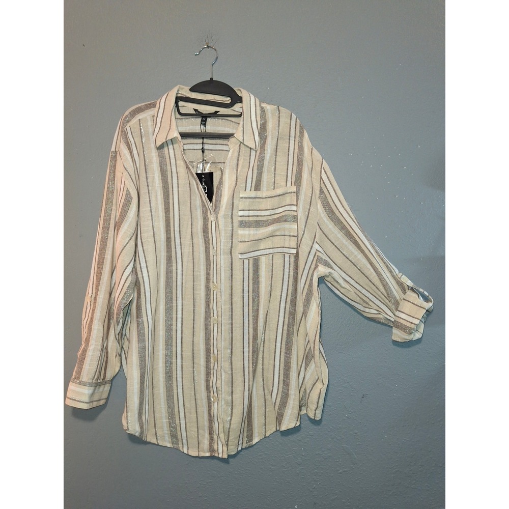 Club Z Collection Metallic Stripe Button Down Shirt Womens Tan Brown NWT